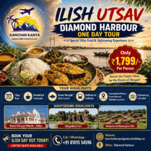 Promotional poster for Ilish Utsav Diamond Harbour One Day Tour by Kanchan Kanya; features a large meal platter, river scenery, and event details with price ₹1,799 per person and tour highlights.
