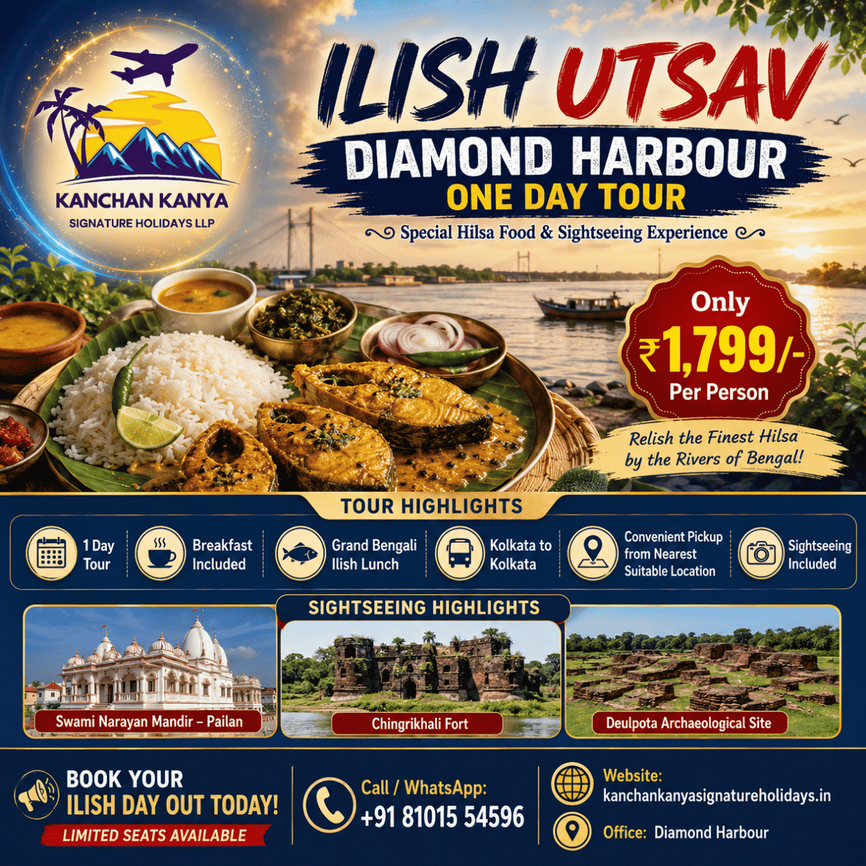 Promotional poster for Ilish Utsav Diamond Harbour One Day Tour by Kanchan Kanya; features a large meal platter, river scenery, and event details with price ₹1,799 per person and tour highlights.