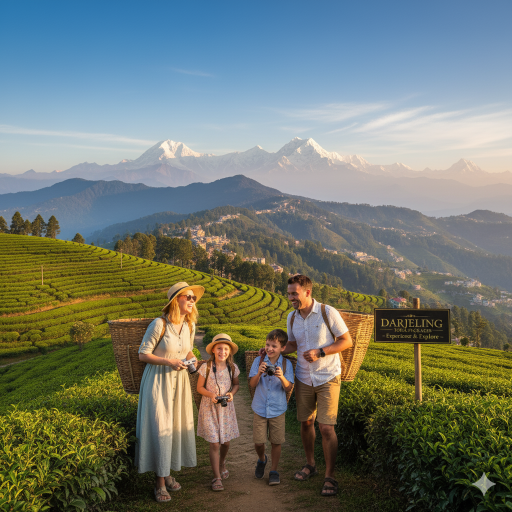 Family enjoying holiday with Darjeeling Tour Packages in tea gardens