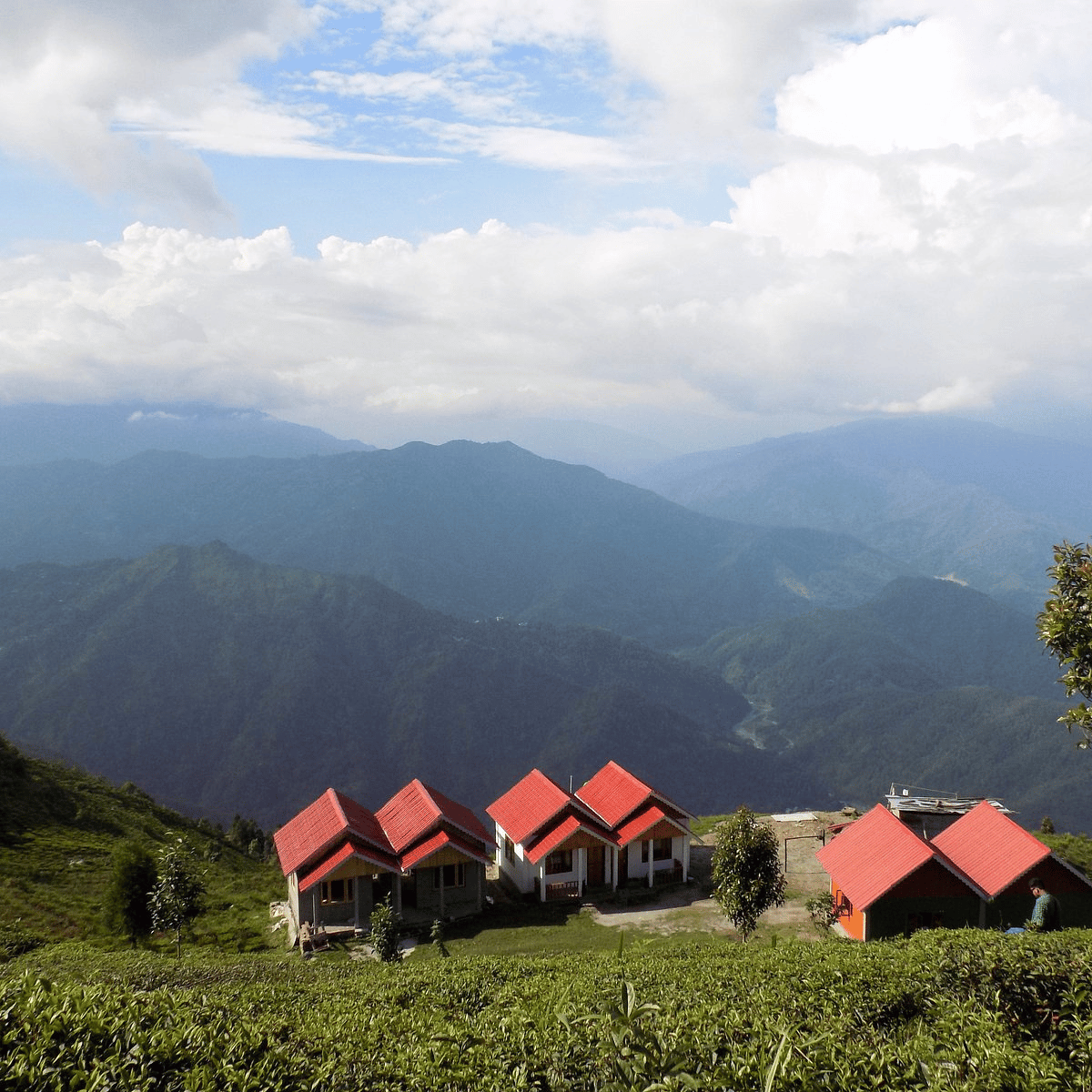 Row of red-roofed cottages on a green hillside with blue, misty mountains in the background under a cloudy sky.