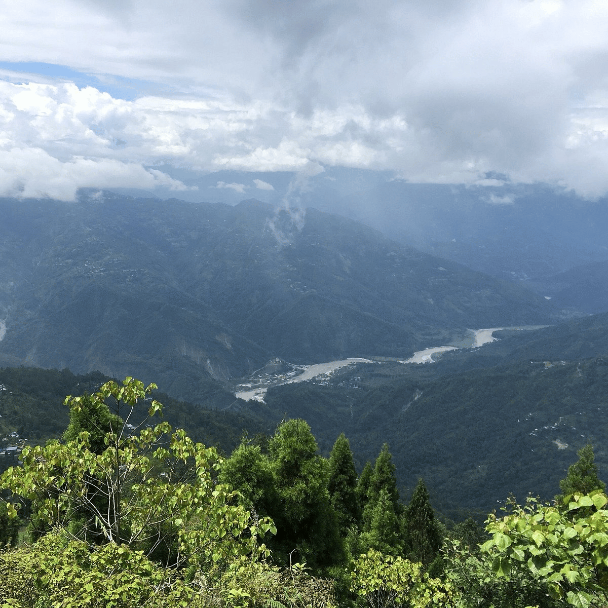 Mountain valley with a winding river through lush green hills and a cloudy sky overhead, foreground trees framing the scene