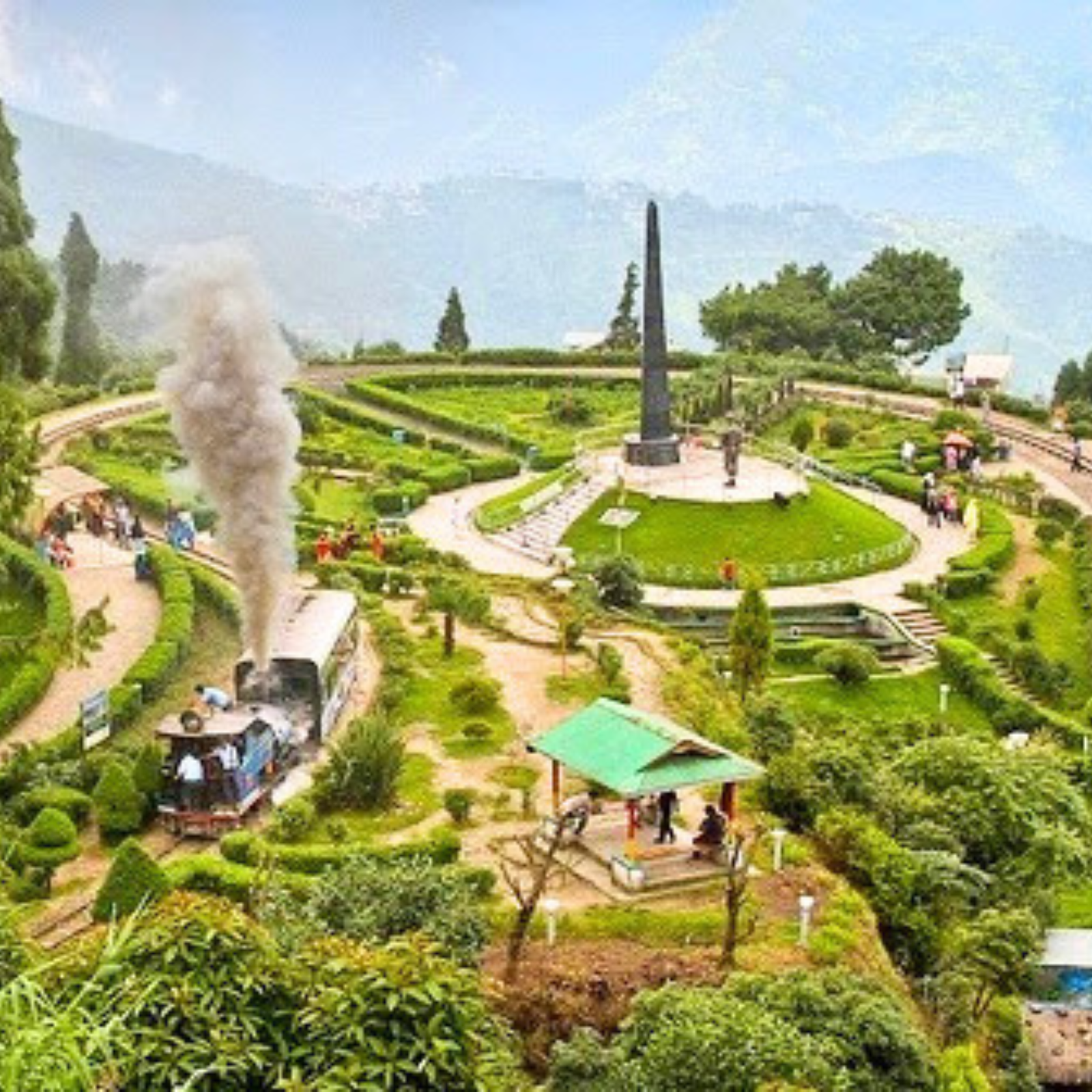 A formal garden with trimmed hedges, winding paths, and a tall stone obelisk at the center; visitors stroll along terraces and fountains nearby.