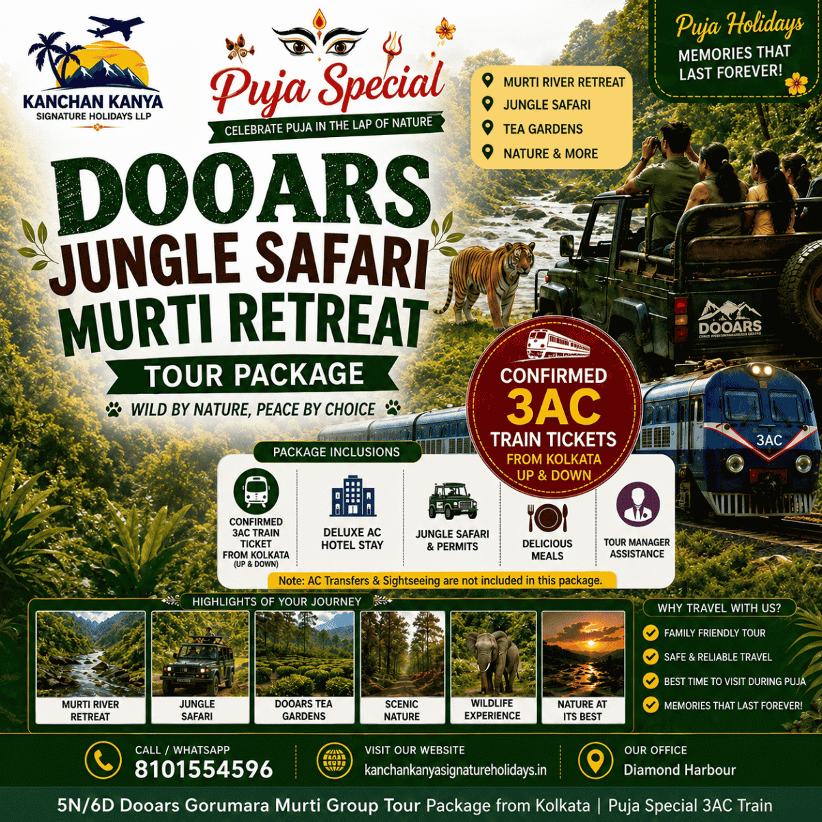 Dooars 5N6D (2) Promotional poster for Dooars Jungle Safari and Murti Retreat package: jeep with tourists, a tiger in the jungle, a train, and inclusions icons in a lush background.β
