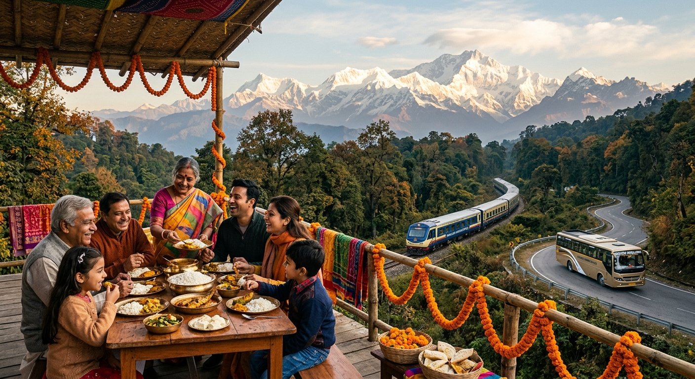 A family shares a meal on a balcony with a scenic view of snow-capped A family shares a meal on a balcony with a scenic view of snow-capped mountains, a train, and a winding road