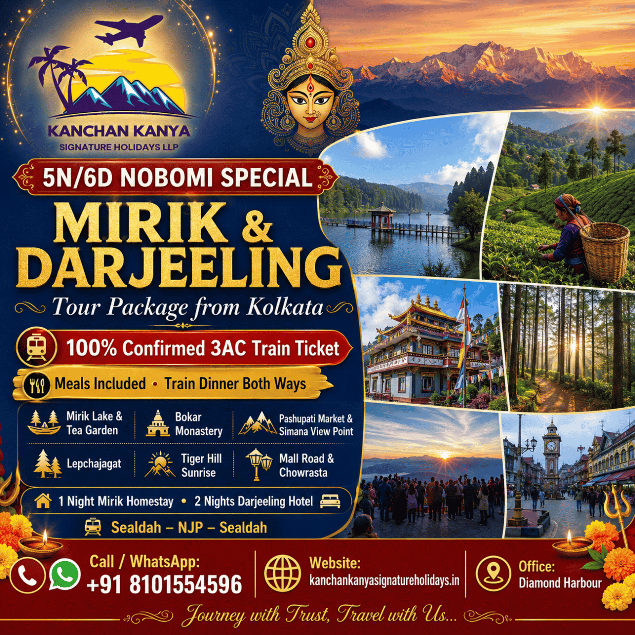 Travel poster for Kanchan Kanya Signature Holidays: 5N/6D Nobomi Special Mirik & Darjeeling tour from Kolkata with 100% confirmed 3AC train tickets and meals included.