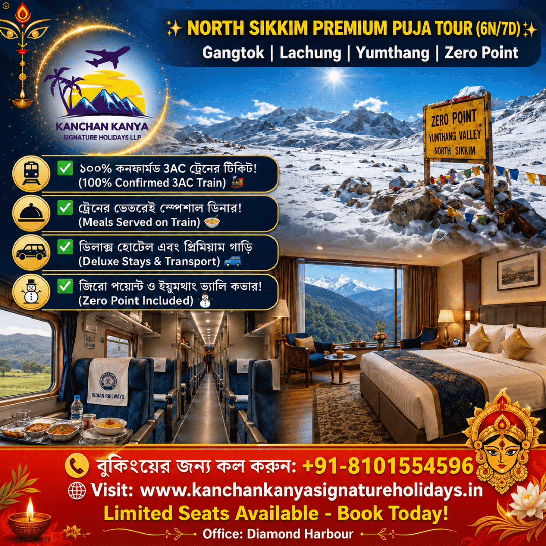 Promotional travel poster for North Sikkim Premium Puja Tour (6N/7D) by Kanchan Kanya Signature Holidays LLP, featuring snow-capped peaks, the Zero Point sign, an upscale train interior and a luxury hotel room, with icons listing inclusions and a red contact banner.